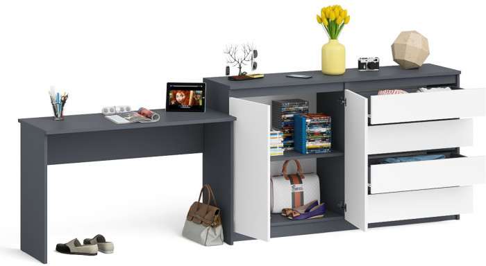 Мори письменный стол МСП1200.1 + Комод МК1600.1, графит/белый