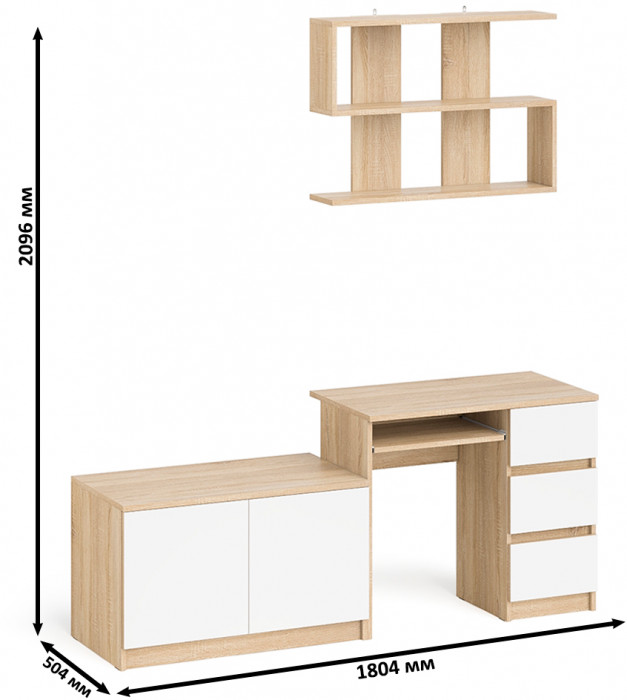 Мори Стол компьютерный МС-6 правый + Тумба МА900.1 + Полка 900, цвет дуб сонома/белый, ШхГхВ 180,4х50,4х209,6 см., НЕ универсальная сборка