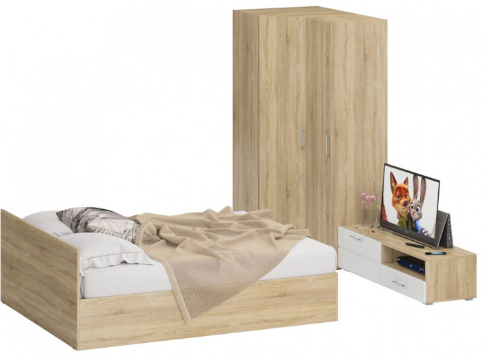 Спальня Стандарт 4-1600, дуб сонома/фасады ТВ тумбы МДФ белый глянец