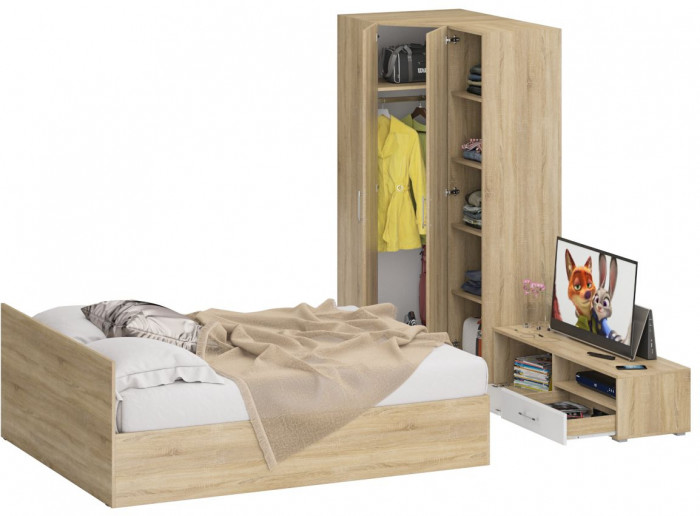 Спальня Стандарт 4-1600, дуб сонома/фасады ТВ тумбы МДФ белый глянец