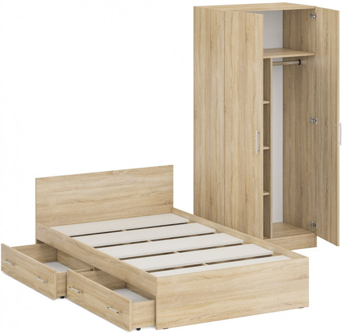Кровать с ящиками 1200 + Шкаф 2-х створчатый Стандарт, дуб сонома
