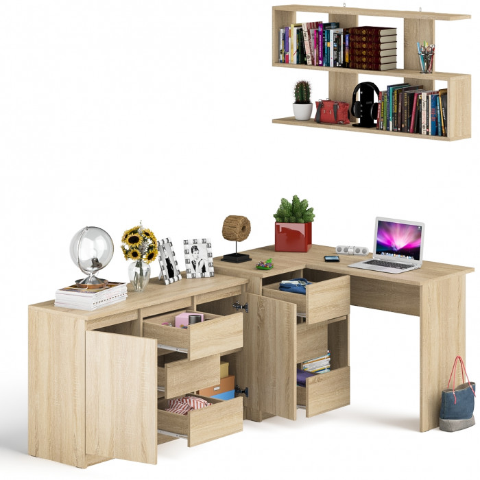 Мори компьютерный стол МС-16 левый + Комод МК1200.3 + Полка 1200, дуб сонома