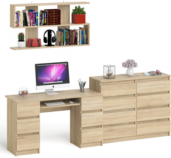 Мори компьютерный стол МС-2 + Комод МК1200.8 + Полка 1200, дуб сонома