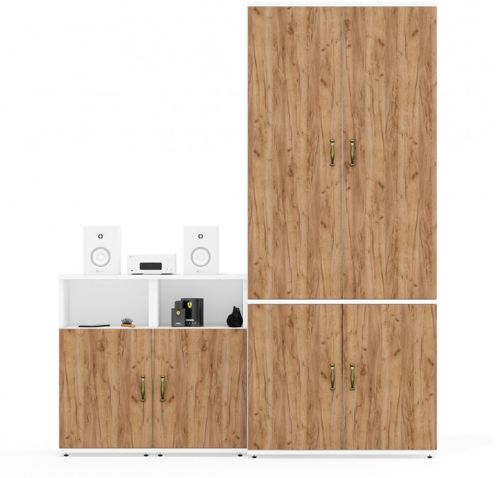 Лидер-8 Шкаф МД 20Б + Тумба МД 3.19 + Тумба МД 3.19, цвет белый шагрень/крафт золото, ШхГхВ 160х37,5х190 см., НЕ универсальная сборка