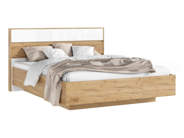 Роджина Кровать парящая 160 с ортопедом дерево с подсветкой, белый глянец холодный/дуб крафт