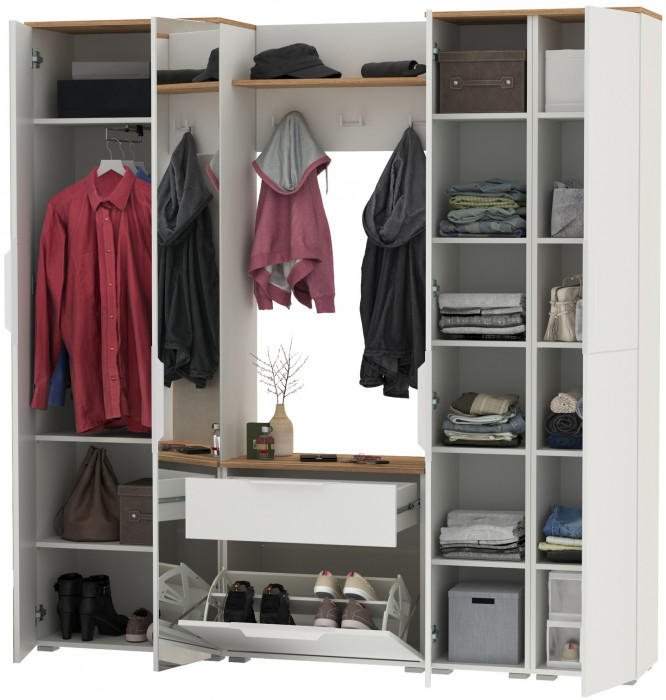 Октава Прихожая 29, цвет белый шагрень/дуб крафт золотой/фасады МДФ белый шагрень, ШхГхВ 193,7х35,4х197,6 см., универсальная сборка