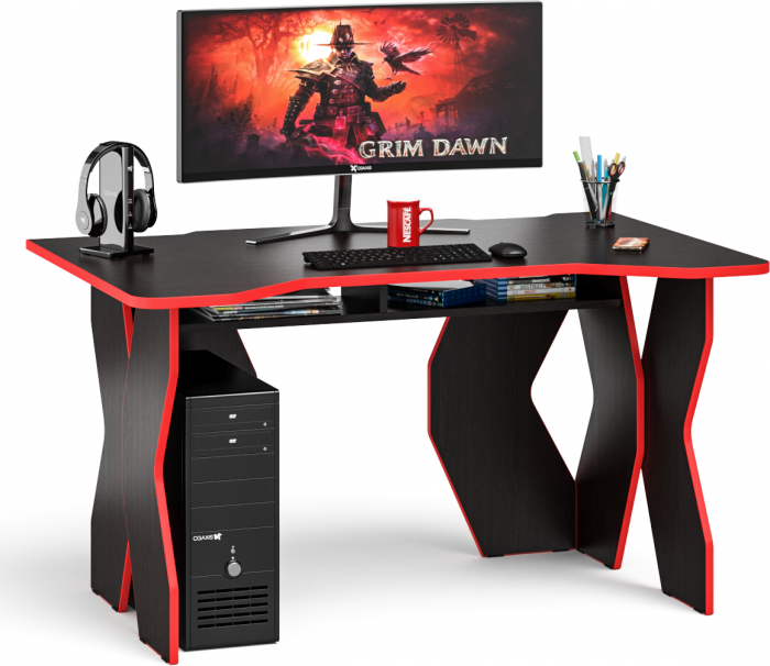 Стол компьютерный с надстройкой С-МД-СК5-1400Н, цвет венге/кромка красная, ШхГхВ 140х90х91(75) см. (Стол для геймера Краб-5 с надстройкой)