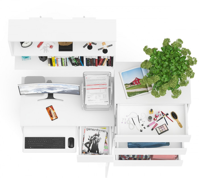 Мори Стол компьютерный МС-1 правый + Комод МК700.5 + Полка 900, цвет белый, ШхГхВ 160,4х50х209,6 см., НЕ универсальная сборка