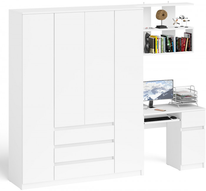 Мори Стол компьютерный МС-1 правый + Шкаф МШ1600.1 + Полка 900, цвет белый, ШхГхВ 250,4х50,4х209,6 см., НЕ универсальная сборка