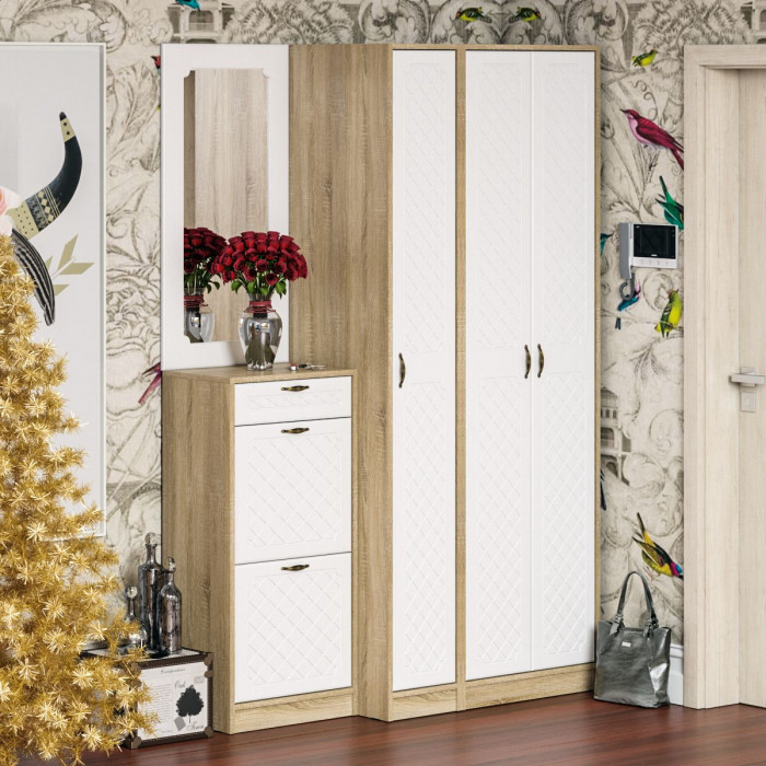 Прихожая П-6 Компоновка № 49, дуб сонома/фасады МДФ белое дерево фрезеровка ромб