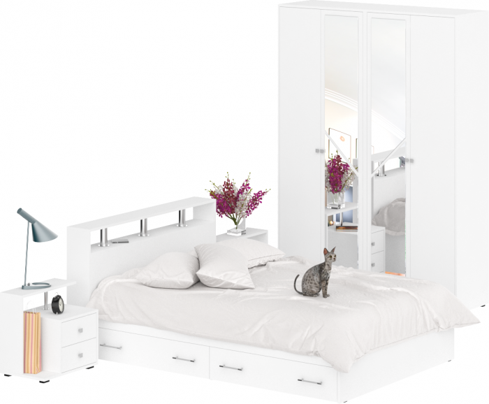 Камелия спальня № 8 Кровать с ящиками 1400 + Две тумбы + Шкаф 4-х створчатый, белый