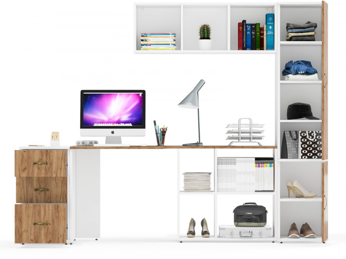 Лидер-8 Стол + Полка + Тумба МД 3.16 + Пенал МД 22Б, белый шагрень/крафт золото