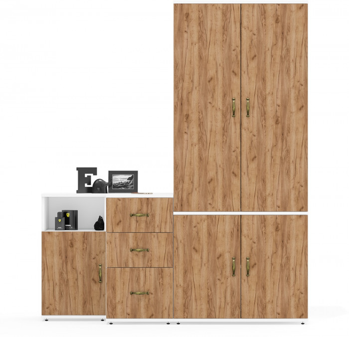 Лидер-8 Шкаф МД 19Б + Тумба МД 3.16 + Тумба МД 3.19, белый шагрень/крафт золото