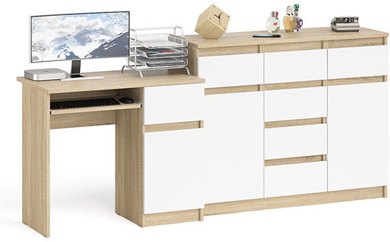 Мори компьютерный стол МС-1 правый + Комод МК1200.4, дуб сонома/белый