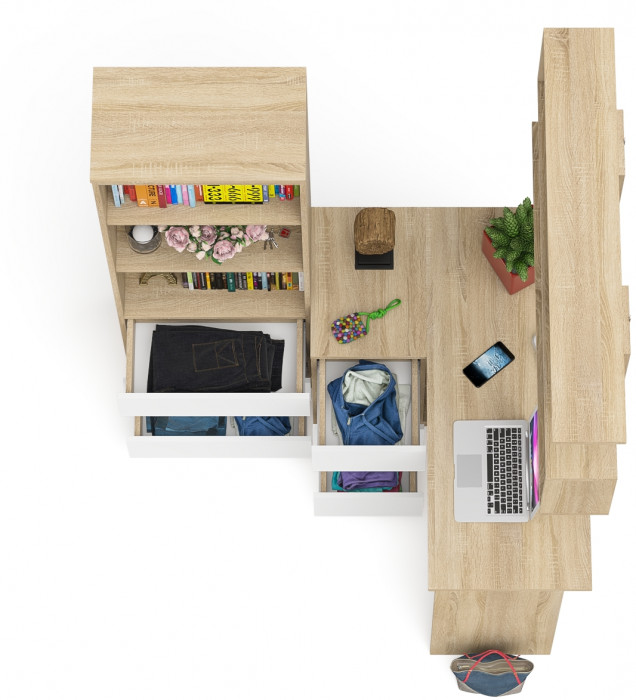 Мори компьютерный стол МС-16 левый + Стеллаж МСТ600.3 + Полка 1200, дуб сонома/белый