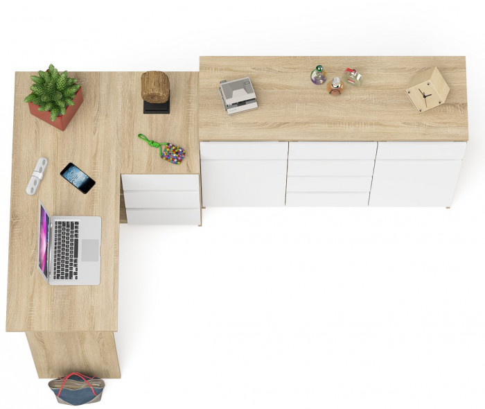 Мори компьютерный стол МС-16 правый + Комод МК1200.4, дуб сонома/белый