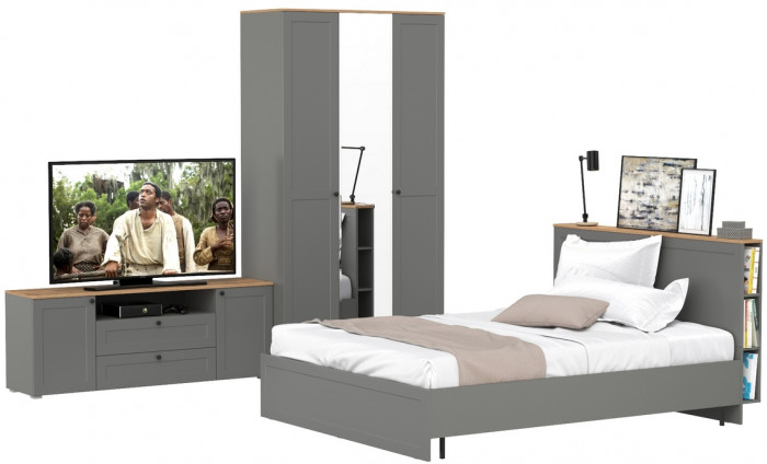 Остин 11.53 Кровать + ортопед + 13.336.03 Шкаф для одежды + 16.47 Тумба под ТВ, серый графит/дуб крафт золотой