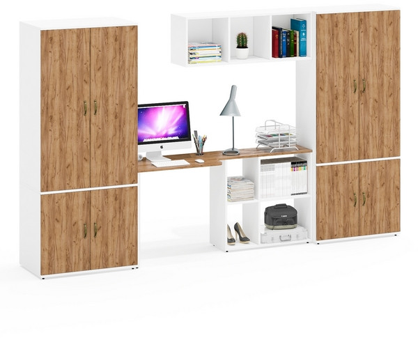 Лидер-8 Шкаф МД 20Б + Стол + Полка + Шкаф МД 19Б, белый шагрень/крафт золото