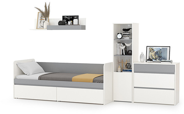 Торонто Компоновка № 22, цвет белый шагрень/стальной серый, ШхГхВ 314х84,4х149,7 см., сп. м. 800х1900 мм., б/м, основание есть, универсальная сборка