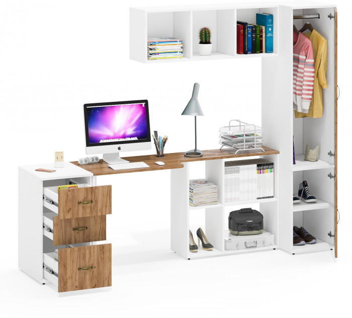 Лидер-8 Стол + Полка + Тумба МД 3.16 + Пенал МД 23Б, белый шагрень/крафт золото