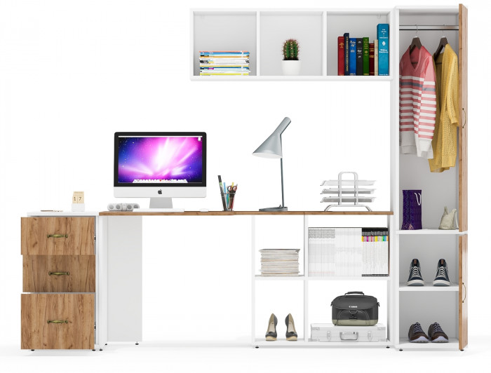 Лидер-8 Стол + Полка + Тумба МД 3.16 + Пенал МД 23Б, белый шагрень/крафт золото