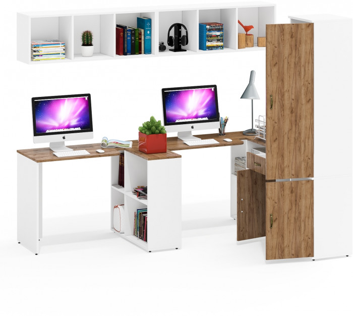 Лидер-8 Стол + Полка + Стол + Полка + Пенал МД 22Б + Тумба МД 3.15, белый шагрень/крафт золото