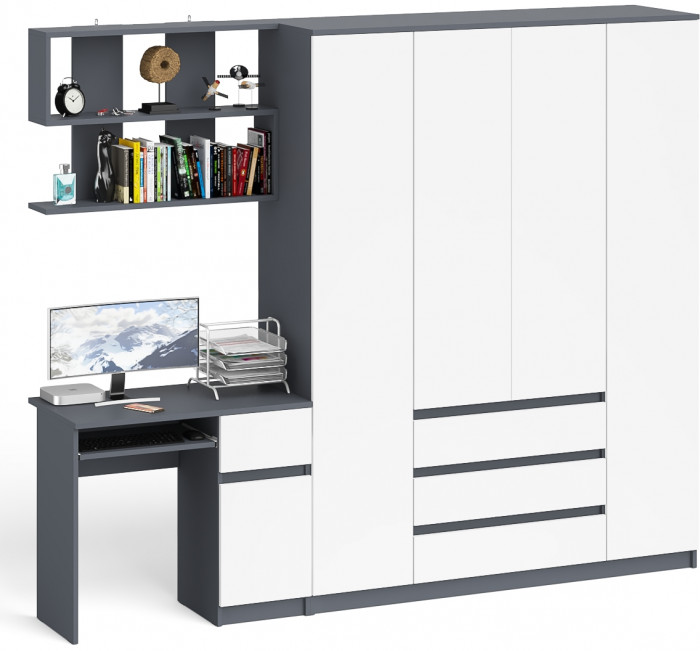 Мори Стол компьютерный МС-1 правый + Шкаф МШ1600.1 + Полка 900, цвет графит/белый, ШхГхВ 250,4х50,4х209,6 см., НЕ универсальная сборка
