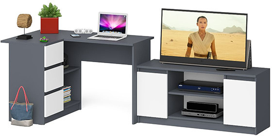 Мори Стол компьютерный МС-16 левый + Тумба МТВ1200.1, цвет графит/белый, ШхГхВ 244,8х84,9х76,6 см., выдвижные ящики слева, НЕ универсальная сборка