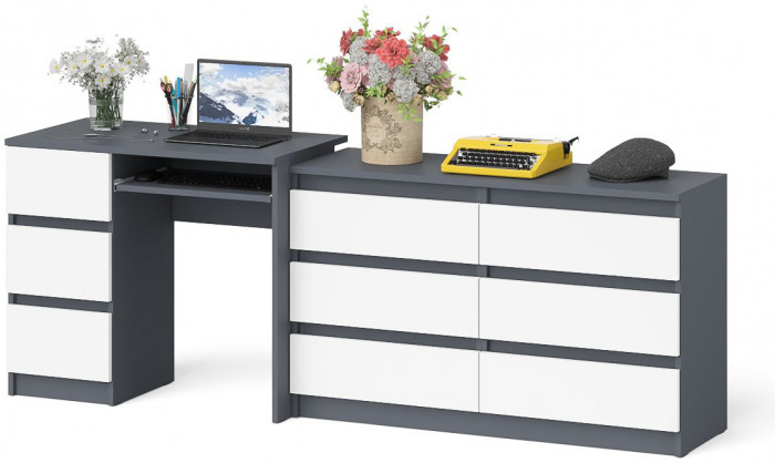 Мори Стол компьютерный МС-6 левый + Комод МК1200.6, цвет графит/белый, ШхГхВ 210,4х50х76,6 см., выдвижные ящики слева, НЕ универсальная сборка