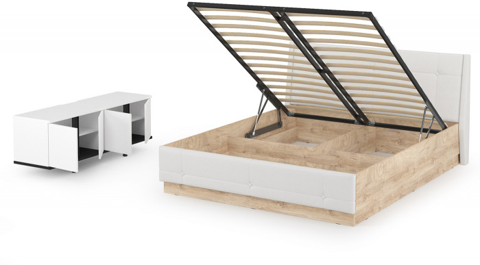 Муссон Кровать 11.28 + подъёмный ортопед + Тумба под ТВ Квадро 13.276, цвет белый/чёрный/дуб эндгрейн элегантный/кожзам белый, 1600х2000 мм., б/м