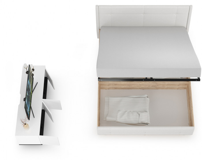 Муссон Кровать 11.28 + подъёмный ортопед + Тумба под ТВ Квадро 13.276, цвет белый/чёрный/дуб эндгрейн элегантный/кожзам белый, 1600х2000 мм., б/м