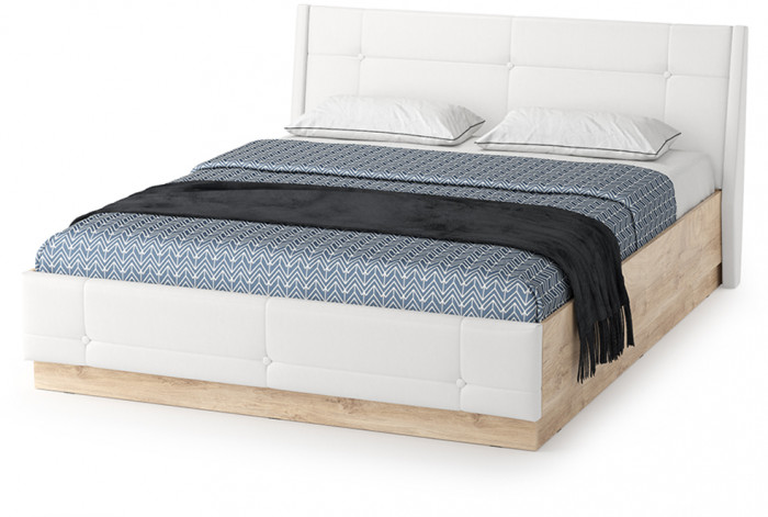 Муссон Кровать 11.28 + подъёмный ортопед + Тумба под ТВ Квадро 13.276, цвет белый/чёрный/дуб эндгрейн элегантный/кожзам белый, 1600х2000 мм., б/м