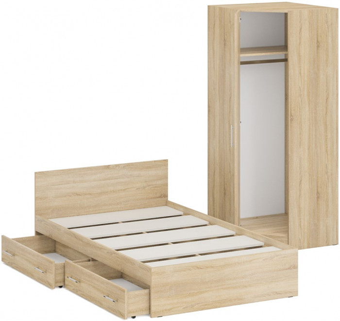Кровать с ящиками 1200 + угловой шкаф Стандарт, дуб сонома