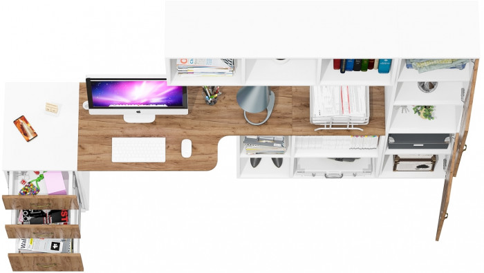 Лидер-8 Стол + Полка + Тумба МД 3.16 + Пенал, белый шагрень/крафт золото