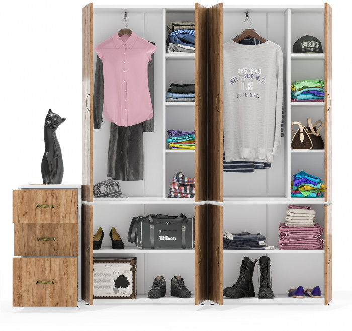 Лидер-8 Шкаф МД 20Б + Шкаф МД 20Б + Тумба МД 3.16, цвет белый шагрень/крафт золото, ШхГхВ 200х50х190 см., НЕ универсальная сборка