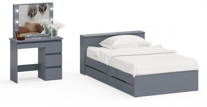 Ксения Кровать с ящиками 1200 + Стол косметический с подсветкой Сура, графит