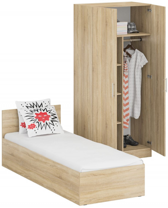 Кровать 0800 + Шкаф 2-х створчатый Стандарт, цвет дуб сонома, ШхГхВ 83,5х203,5х70 + 90х52х200 см., сп.м. 800х2000 мм., без матраса, основание есть