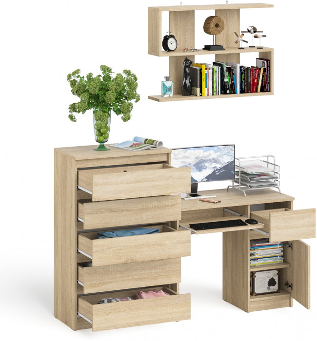 Мори Стол компьютерный МС-1 правый + Комод МК700.5 + Полка 900, цвет дуб сонома, ШхГхВ 160,4х50х209,6 см., НЕ универсальная сборка