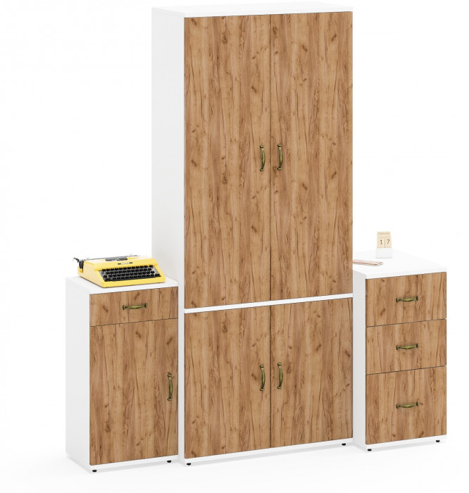 Лидер-8 Шкаф МД 20Б + Тумба МД 3.15 + Тумба МД 3.16, цвет белый шагрень/крафт золото, ШхГхВ 160х50х190 см., НЕ универсальная сборка