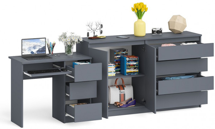 Мори компьютерный стол МС-6 правый + Комод МК1600.1, графит