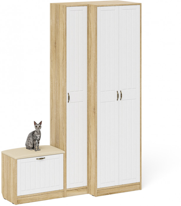 Прихожая П-6 Компоновка № 25, дуб сонома/фасады МДФ белое дерево фрезеровка прованс