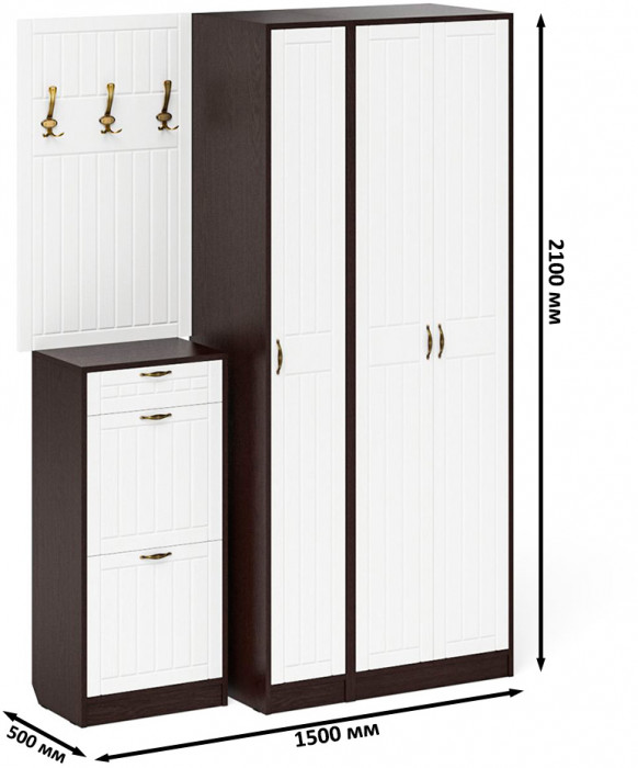 Прихожая П-6 Компоновка № 50, венге/фасады МДФ белое дерево фрезеровка прованс