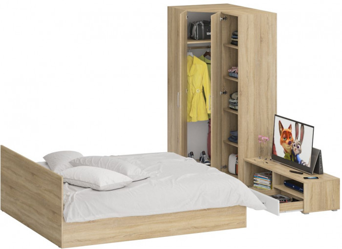 Спальня Стандарт 4-1800, дуб сонома/фасады ТВ тумбы МДФ белый глянец
