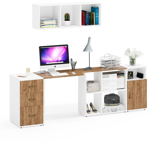 Лидер-8 Стол + Полка + Тумба МД 3.16 + Тумба МД 3.19, белый шагрень/крафт золото