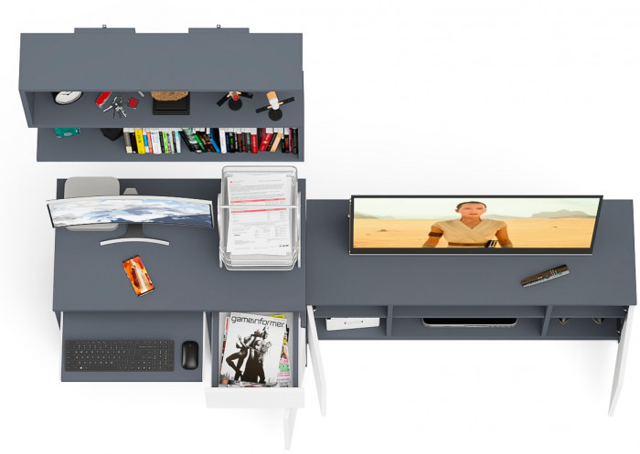 Мори компьютерный стол МС-1 правый + Тумба МТВ1200.1 + Полка 900, графит/белый