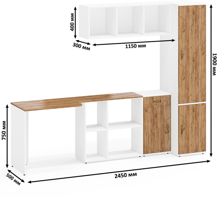 Лидер-8 Стол + Полка + Тумба МД 3.15 + Пенал МД 23Б, цвет белый шагрень/крафт золото, ШхГхВ 245х50/37,5х75/190 или 115х160/50х75/190 см., НЕ ун. сб.