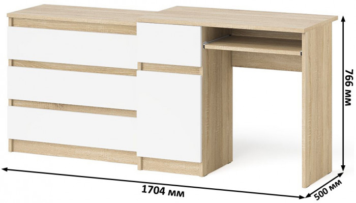 Мори Стол компьютерный МС-1 левый + Комод МК800.1, цвет дуб сонома/белый, ШхГхВ 170,4х50х76,6 см., выдвижной ящик слева, НЕ универсальная сборка