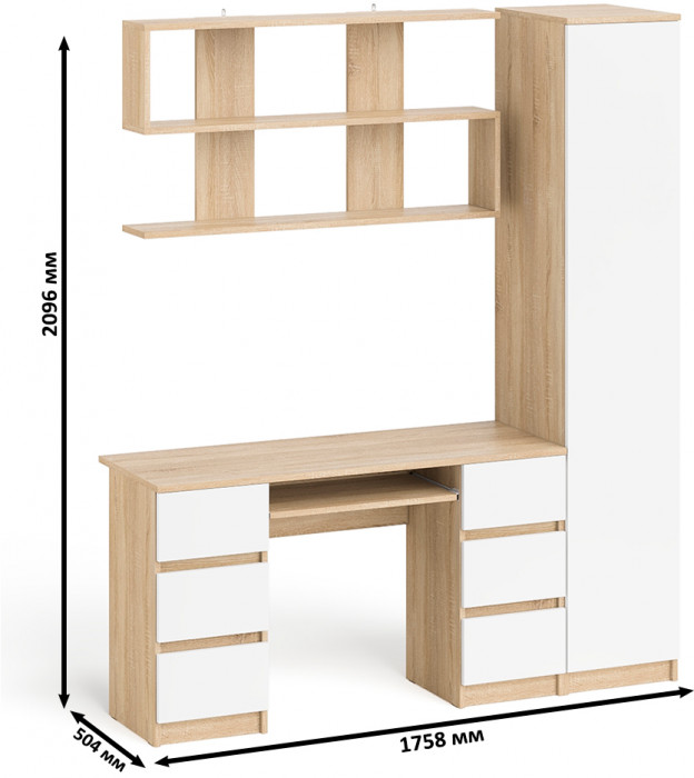 Мори компьютерный стол МС-2 + Пенал МШ400.1 + Полка 1200, дуб сонома/белый