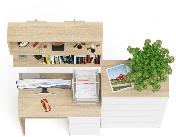 Мори Стол компьютерный МС-1 правый + Комод МК700.5 + Полка 900, цвет дуб сонома/белый, ШхГхВ 160,4х50х209,6 см., НЕ универсальная сборка