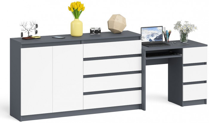 Мори компьютерный стол МС-6 правый + Комод МК1600.1, графит/белый